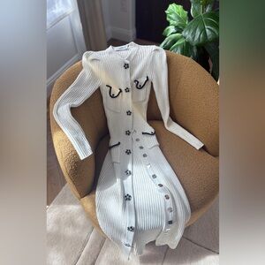 Self-Portrait Cream Ribbed Long-Sleeve Button-Down Dress with Black Trim